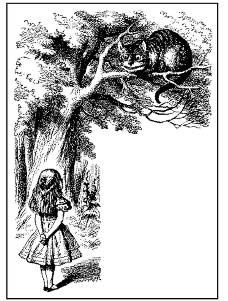 Black and white woodcut illustration of Alice speaks to the Cheshire Cat