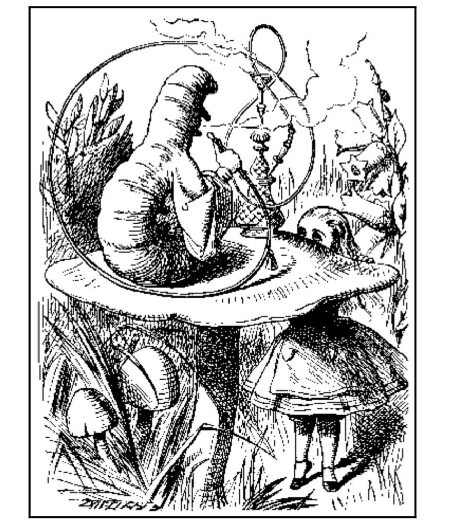 Black and white woodcut illustration of Alice meeting the Caterpillar